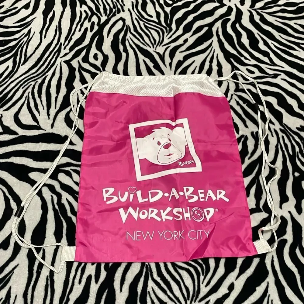 Build a bear workshop New York City BABW pink white mesh drawstring book bag